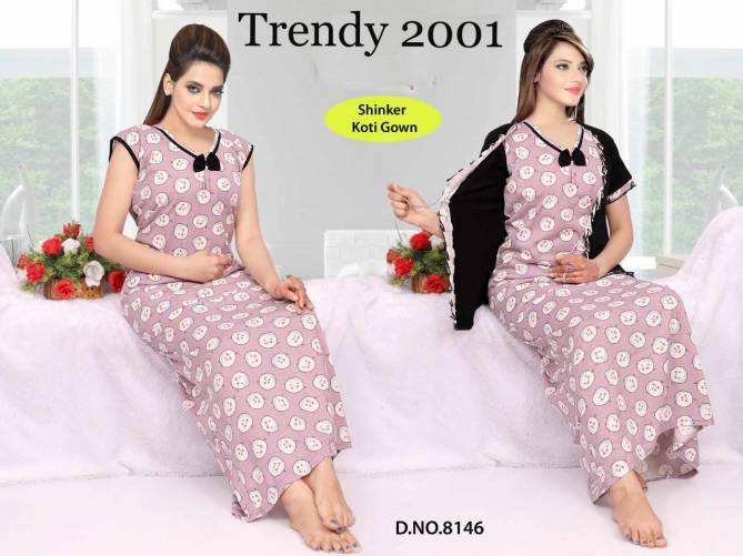 Trendy Shinker Gown 2001 Latest Fancy Night wear Shinker Hosiery Cotton With Black Koti Nighty Collection